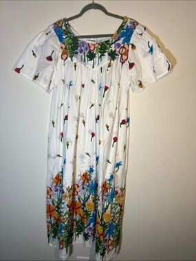 Vintage Loungees Cotton Short Sleeve Colorful Floral Midi House Dress Medium